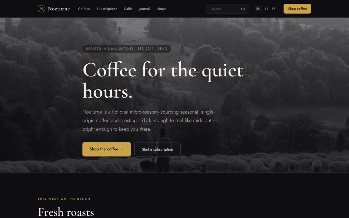 Nocturne Coffee Roasters — a specialty-coffee demo site running on Runway